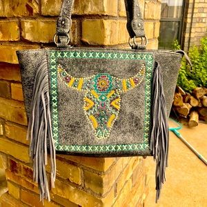 Concealed Carry Southwest Longhorn Fringe Leather Purse Shoulder Bag NWT